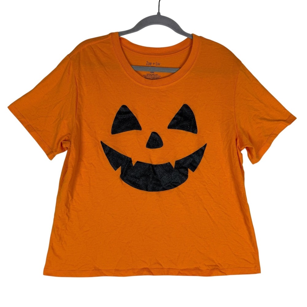Zoe + Liv Shirt Womens XXL Orange Jack-O-Lantern Glitter Graphic Halloween Tee